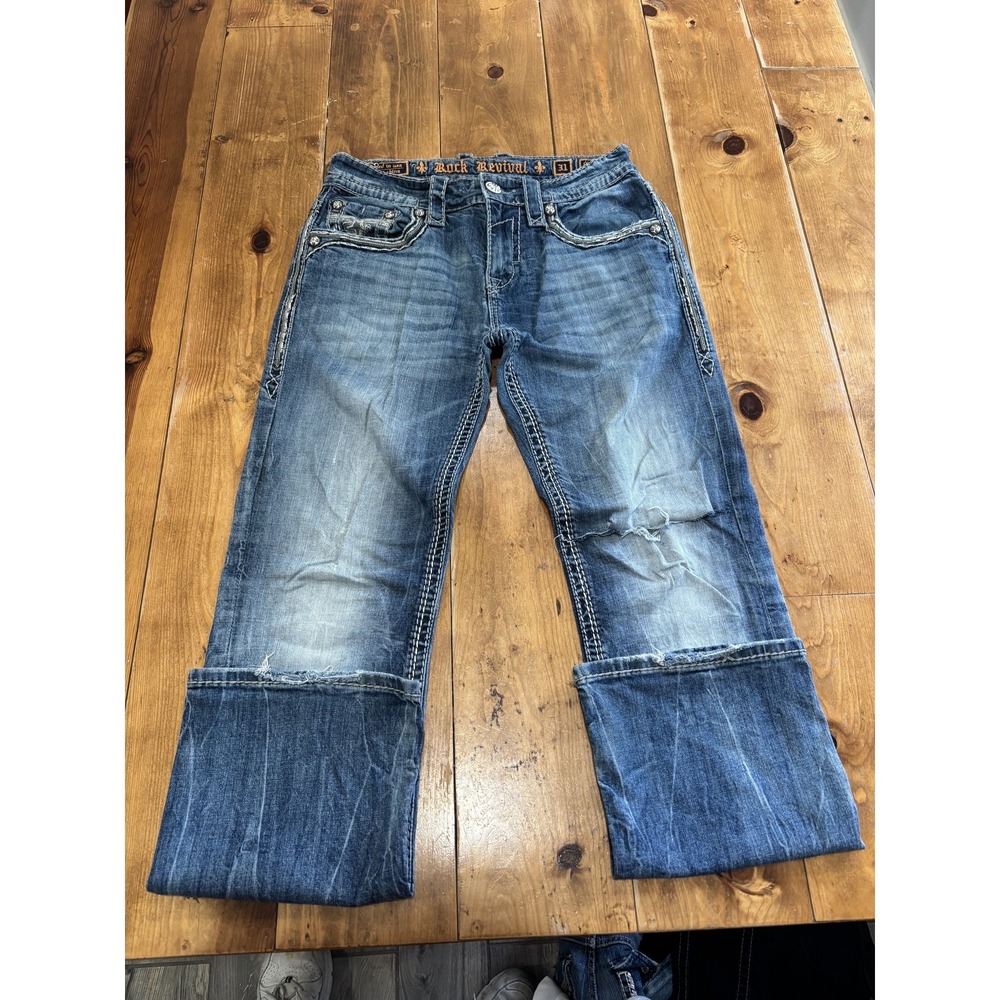 Rock Revival Matthew Bootcut Men's Jeans Size 31 Distressed Embroidered Flap